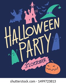 Halloween party. Coloring lettering and attributes poster. Vector graphics