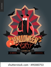Halloween Party composed emblem invitation. Flat vectror cartoon illustrated design of a fat girl wearing mouse costume, on striped shield, bats, pumpkin jack-o-lantern, ribbon, lettering