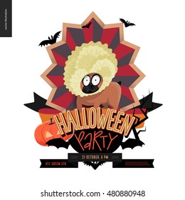 Halloween Party composed sign emblem invitation. Flat vectror cartoon illustrated design of a french bulldog in center of striped shield, bats, pumpkin jack-o-lantern, ribbon, lettering