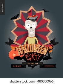 Halloween Party composed sign emblem invitation. Flat vectror cartoon illustrated design of a skeleton in center of striped shield, bats, pumpkin jack-o-lantern, ribbon, lettering