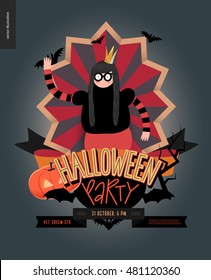 Halloween Party composed sign emblem invitation. Flat vectror cartoon illustrated design of a princess wearing glasses, in center of striped shield, bats, pumpkin jack-o-lantern, ribbon, lettering