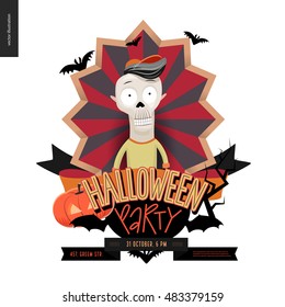 Halloween Party composed sign emblem invitation. Flat vectror cartoon illustrated design of a skeleton in center of striped shield, bats, pumpkin jack-o-lantern, ribbon, lettering