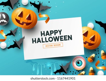Halloween  party Composition with pumpkins, party decorations and sweets on a blue background. Top view vector illustration.