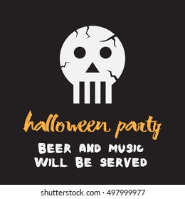 Halloween party concept. cracked skull icon. skull with piano teeth. beer and music will be served. vector illustration. eps10