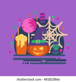 Halloween party concept in flat style. Halloween banner with pumpkin head, witch hat, punch, lolly pop, candies and spider web. Invitational card. Magic flyer. Trick or treat.