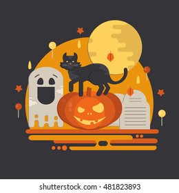 Halloween party concept in flat style. Halloween banner with pumpkin head, cat, moon, ghost, candies and tombstone. Invitational card. Magic flyer. Trick or treat.