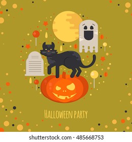 Halloween party concept in flat style. Vector composition with pumpkin head, cat, moon, ghost, candies and tombstone. Halloween card invitation. Vector illustration. minimal and flat design.