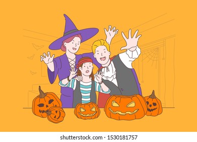 Halloween party concept. Happy family, mother, father and child in costumes on a celebration of Halloween. Simple flat vector.