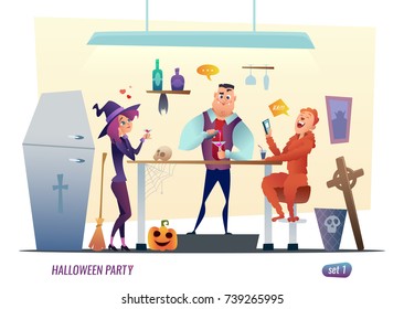 Halloween party concept. People in costume of monsters are celebrating. Flat character design.