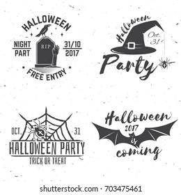 Halloween party concept. Vector Halloween retro badge. Concept for shirt or logo, print, seal, stamp. Spider, bat, hat and web. Typography design- stock vector.
