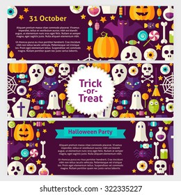 Halloween Party Concept Vector Template Banners Set. Flat Design Vector Illustration of Brand Identity for Halloween Holiday Promotion. Trick or Treat Colorful Pattern for Advertising