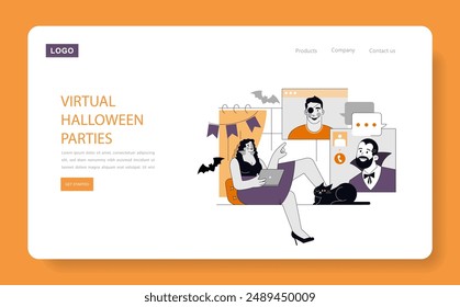 Halloween Party concept. Virtual celebration with friends in costume during a video call. Festive online gathering, digital communication. Vector illustration.