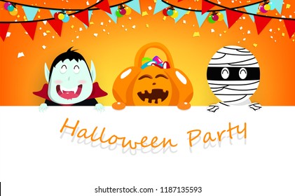 Halloween party, confetti falling, vampire, pumpkin and mummy cartoon character with cute character, celebration festival poster, invitation card holiday background vector illustration