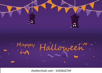 Halloween party, confetti and ribbon on the floor, bat hanging cartoon characters, seasonal holiday background vector