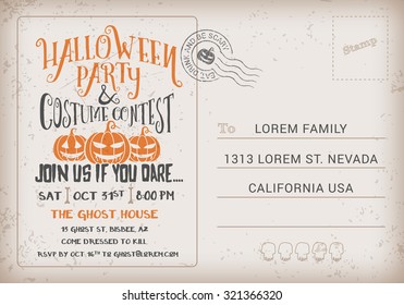 Halloween Party And Costume Contest Invitation Template. Halloween RSVP Card Vintage Background. Vector Illustration