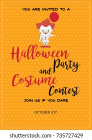 Halloween Party And Costume Contest Invitation With Angry Evil Clown With A Red Balloon  Vector Illustration