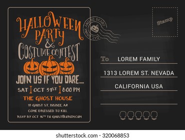 Halloween Party And Costume Contest Postcard Invitation Template. Halloween RSVP Card Dark Background. Vector Illustration