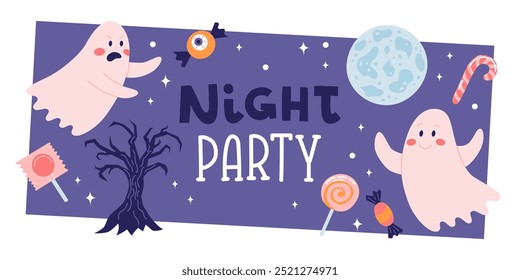 Halloween party cover or card design. Hand drawn calligraphy and cute spooky ghosts. Vector illustration template