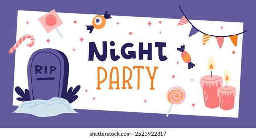 Halloween party cover or card design. Hand drawn calligraphy and spooky gravestone. Vector illustration template