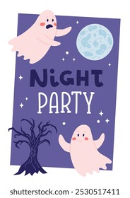 Halloween party cover or card design. Hand drawn calligraphy and cute spooky ghosts. Vector illustration template