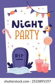 Halloween party cover or card design. Hand drawn calligraphy and spooky gravestone. Vector illustration template