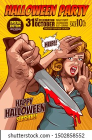 halloween party, cover template background, horror comic, picture hand holding a knife and woman in very shocked fear,  and speech bubbles, doodle art, Vector illustration.