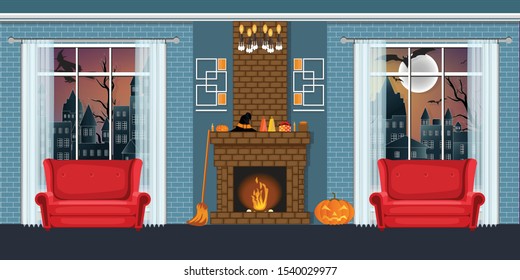 Halloween party in cozy Living room interior with fireplace and red chairs view through the window night halloween view, vector illustration.