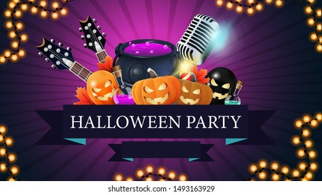 Halloween party, creative party invitation banner with ribbon, microphone, guitars, pumpkins and witch's cauldron. Purple template for Halloween party poster