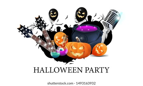 Halloween party, creative party invitation banner with microphone, guitars, pumpkins, flasks with potion and Halloween balloons. White template for Halloween party poster