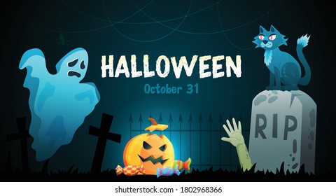 Halloween party creepy experience horizontal poster with spooky haunted graveyard tombstone ghost pumpkin head cat vector illustration 