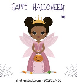 Halloween party. Cute African American girl dressed as a fairy princess with wings and a crown, holding a pumpkin with candy corn and lollipops, a spider and a web. Postcard, vector