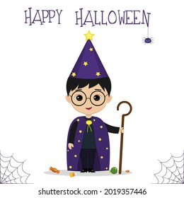Halloween party. Cute boy dressed in a suit of the astrologer mage with a staff, candies and sweets, a spider and a cobweb. Postcard, vector illustration