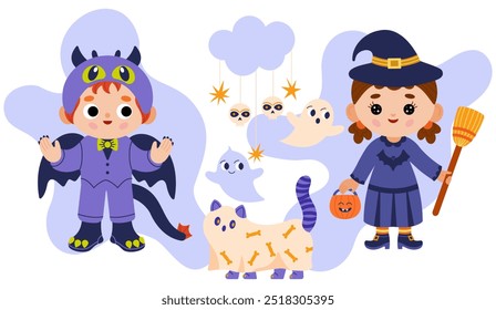 Halloween party. Cute children characters in witch and dragon costumes, cat in ghost costume. Creepy ghosts, cloud with skulls. Stickers, patches, decorations for children's party.vector illustration