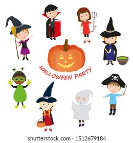 Halloween party. Cute children in holiday costumes for Halloween: Dracula, witches, ghost, imp, pirate, monster. Halloween pumpkin. Vector illustration.