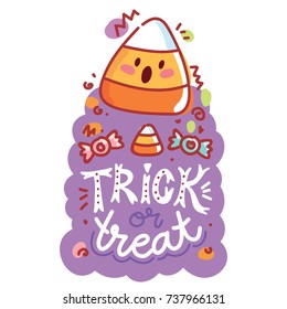 Halloween Party. Cute decoration with lettering calligraphy text and doodles. Trick or treat, spooked triangle candy corn. Hand drawn illustration for card, poster, banner in cartoon style