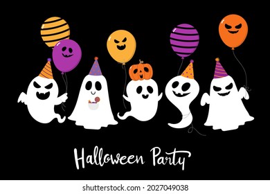 Halloween party with cute ghost and fancy balloons. Trick or treat with holidays cartoon character. 