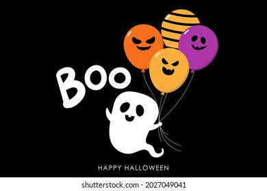 Halloween party with cute ghost and fancy balloons. Trick or treat with holidays cartoon character. 