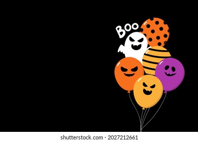 Halloween party with cute ghost and fancy balloons. Trick or treat with holidays cartoon character. 