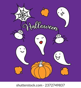 Halloween Party. Cute ghosts with pumpkin and funny spider. Festive clipart for banners, labels, prints, postcards, and web.