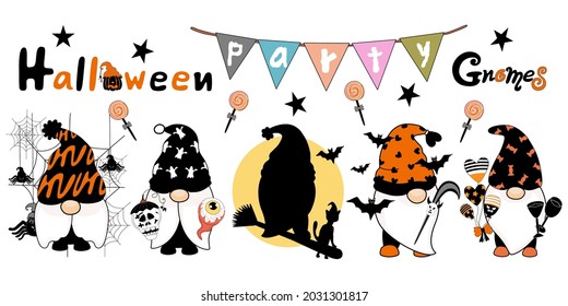 Halloween party cute gnomes designed in orange black and white tone for Halloween decorations, T-shirts, mugs, pillows, stickers, cards, backgrounds, blanket designs, Halloween for kids, wallpaper  