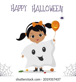 Halloween party. A cute Hispanic girl dressed in a ghost costume is holding an orange ball, candy, a spider and a cobweb. Postcard, vector illustration