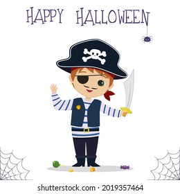 Halloween party. A cute Irish boy dressed as a pirate, holding a sword, candies and lollipops, a spider and a web. Postcard, vector illustration
