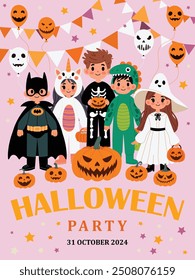 Halloween party cute poster with pumpkins, kids in unicorn, witch, skeleton, dinosaur costumes. Halloween poster design template with holiday symbols. Kids flat graphic vector illustration isolated.