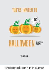 Halloween Party  with cute pumpkins and ghost .  Halloween poster and card . paper cut and craft style . Vector illustration .