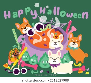 Fiesta de Halloween con lindo perro cachorro shiba inu, ilustración plana y colorida.