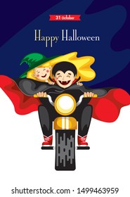 Halloween party. cute vampire and witch riding a bike. greeting card. invitation card, banner