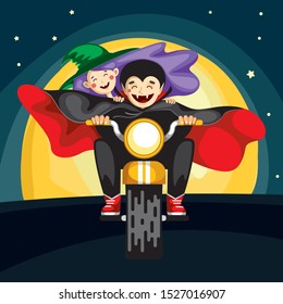 Halloween party. cute vampire and witch riding a bike. greeting card. invitation card, banner