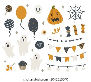 Halloween party cute vector set for design. Doodle elements: pumpkin, ghost, garland, scull, sweets, spiderweb, balloon, eye.