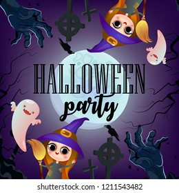 Halloween party with cute withes and poltergeists poster. Creative lettering with cute hexes, cartoon poltergeists and  full moon on background. Can be used for banners, posters, leaflets