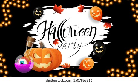 Halloween party, dark Halloween poster with Halloween balloons, autumn leafs, garland, pumpkin Jack and witch's potion
